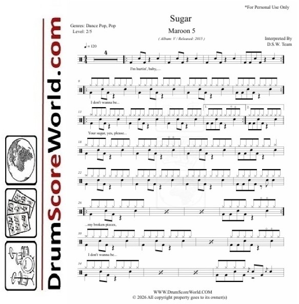Maroon 5 - Sugar - Drum Sheet + Play-Along Track